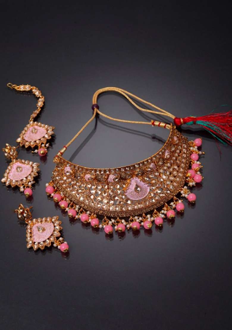 Pink Gold Plated Brass Jewellery Set - Indya