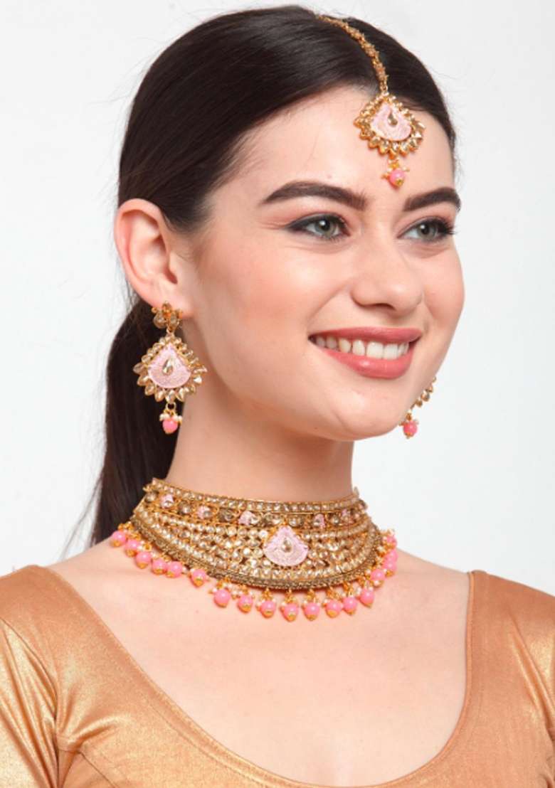 Pink Gold Plated Brass Jewellery Set - Indya