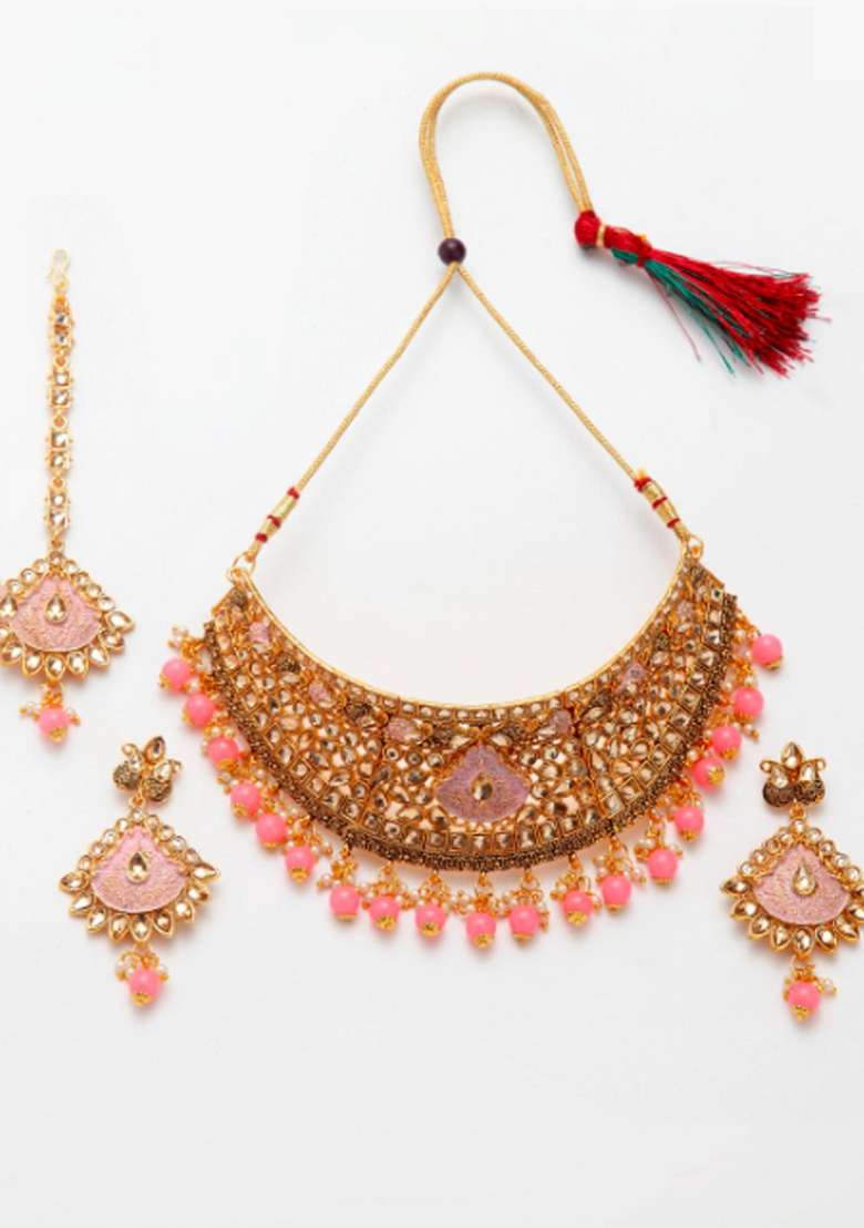 Pink Gold Plated Brass Jewellery Set - Indya