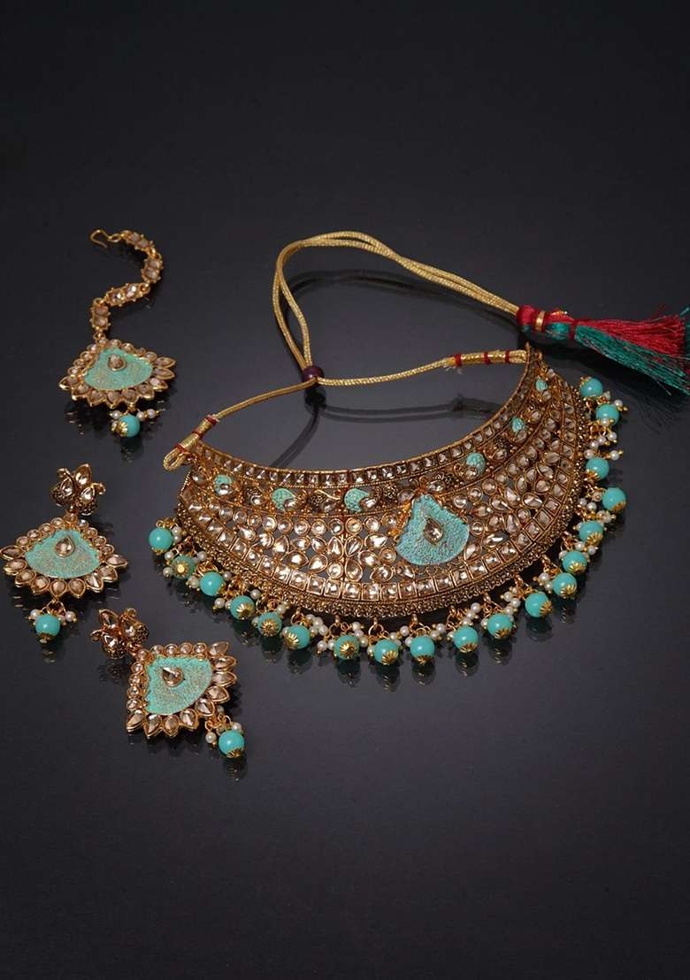 Sea Green Gold Plated Brass Jewellery Set - Indya