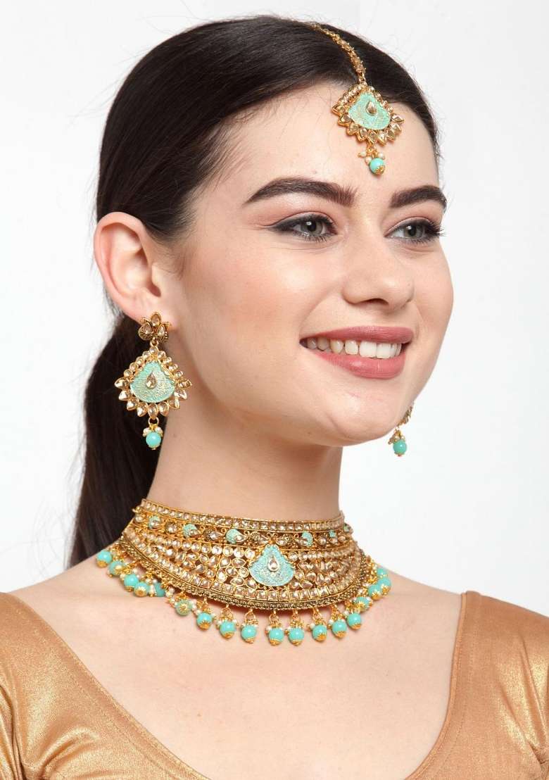 Sea Green Gold Plated Brass Jewellery Set - Indya