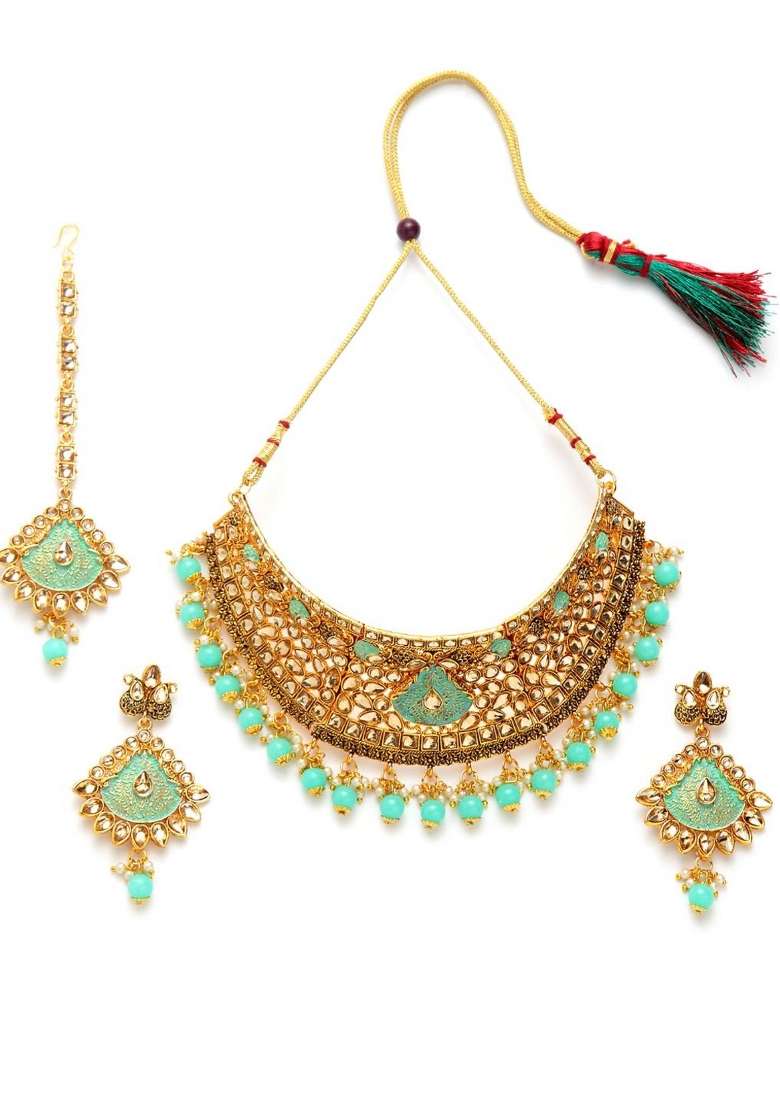 Sea Green Gold Plated Brass Jewellery Set - Indya