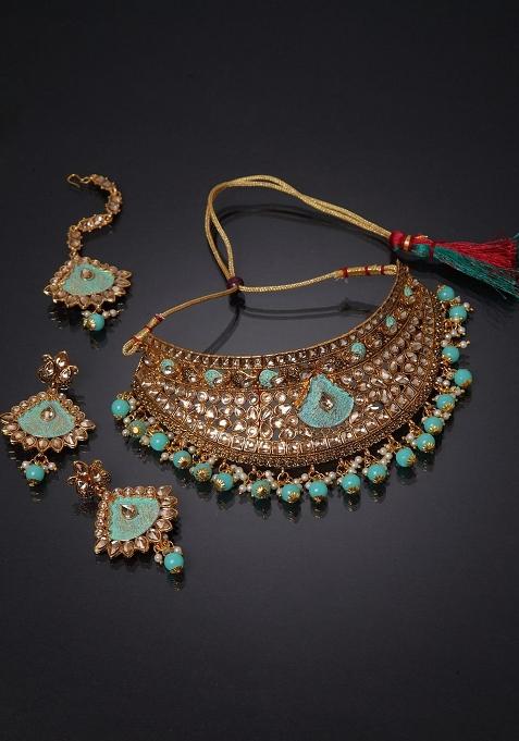 Sea Green Gold Plated Brass Jewellery Set