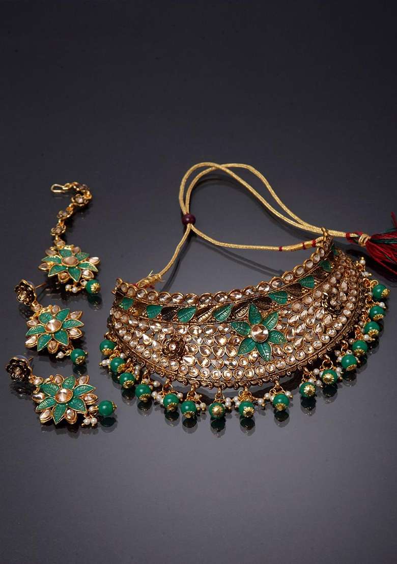 Green Gold Plated Brass Jewellery Set - Indya
