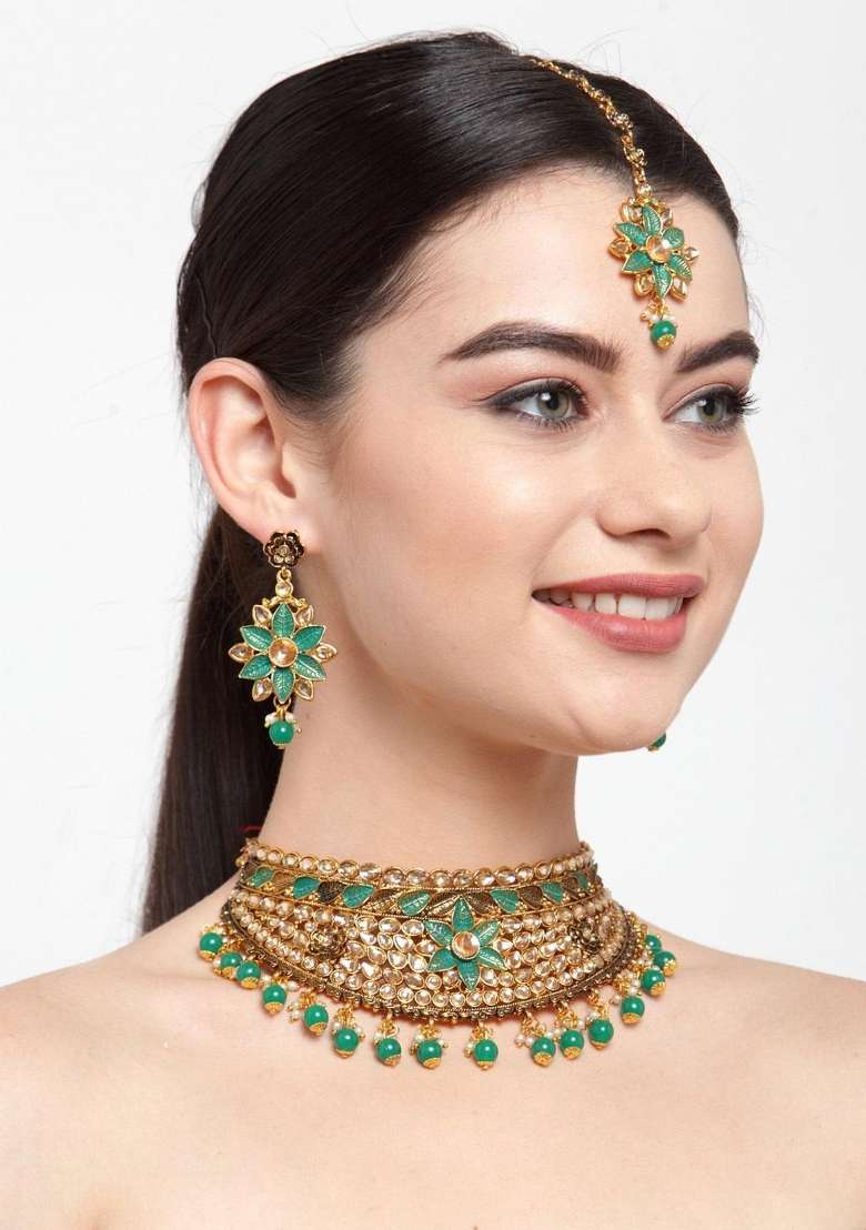 Green Gold Plated Brass Jewellery Set - Indya