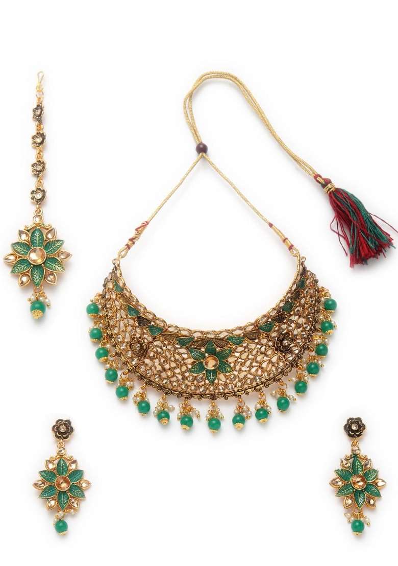 Green Gold Plated Brass Jewellery Set - Indya