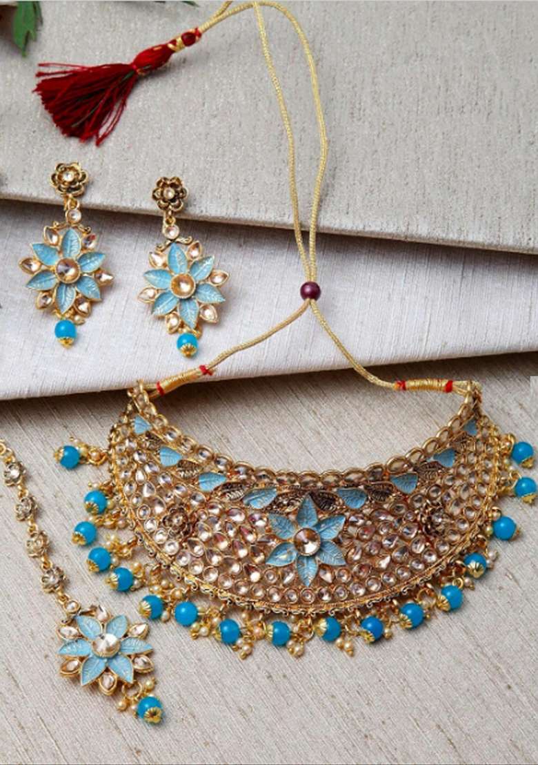 Light Blue Gold Plated Brass Jewellery Set - Indya