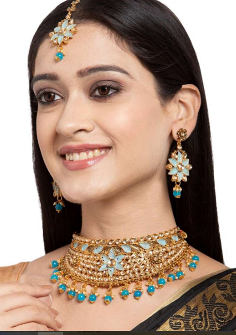 Light Blue Gold Plated Brass Jewellery Set - Indya