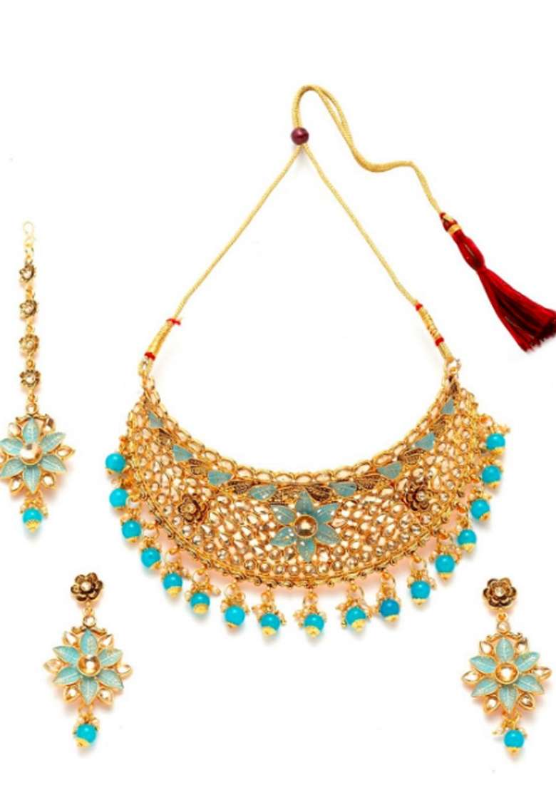 Light Blue Gold Plated Brass Jewellery Set - Indya