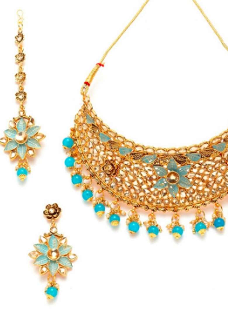 Light Blue Gold Plated Brass Jewellery Set - Indya