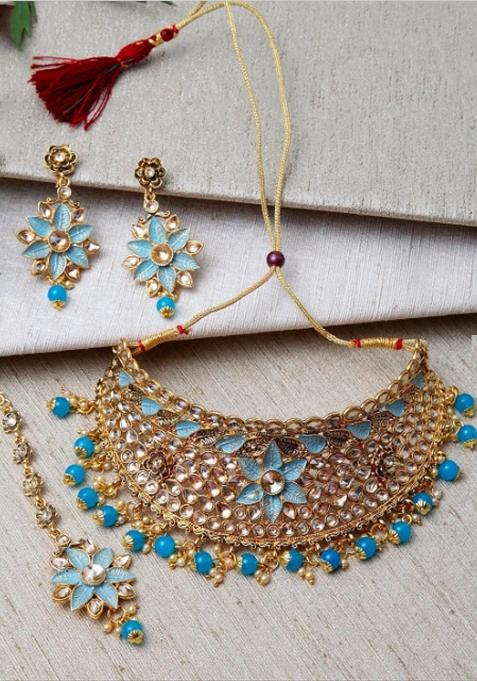 Light Blue Gold Plated Brass Jewellery Set
