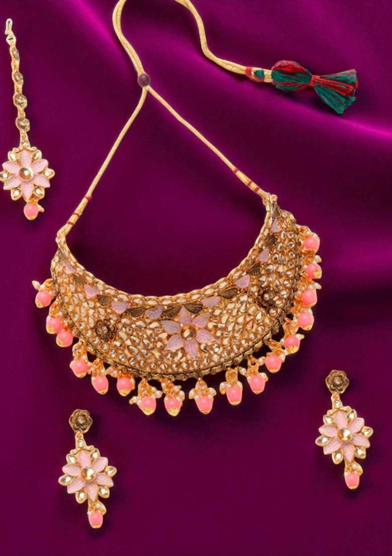 Pink Gold Plated Brass Jewellery Set - Indya