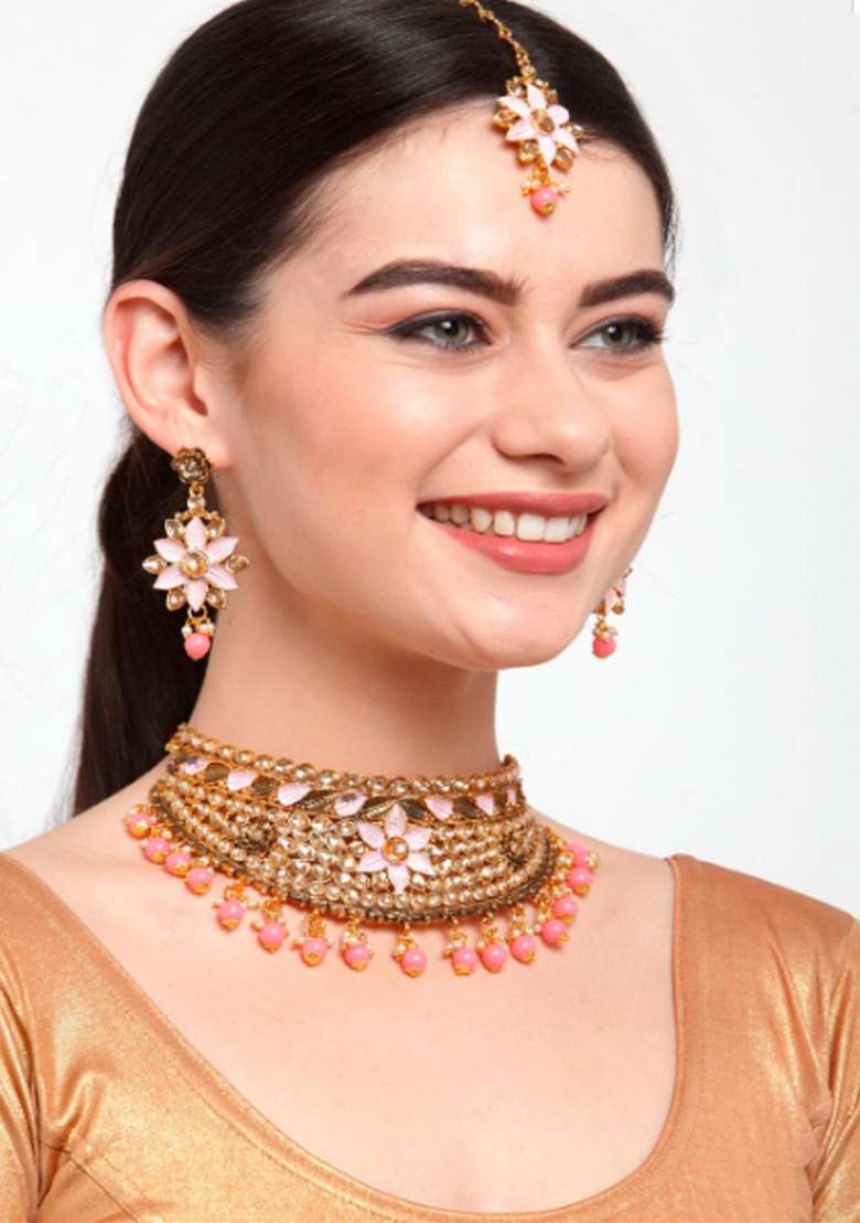 Pink Gold Plated Brass Jewellery Set - Indya