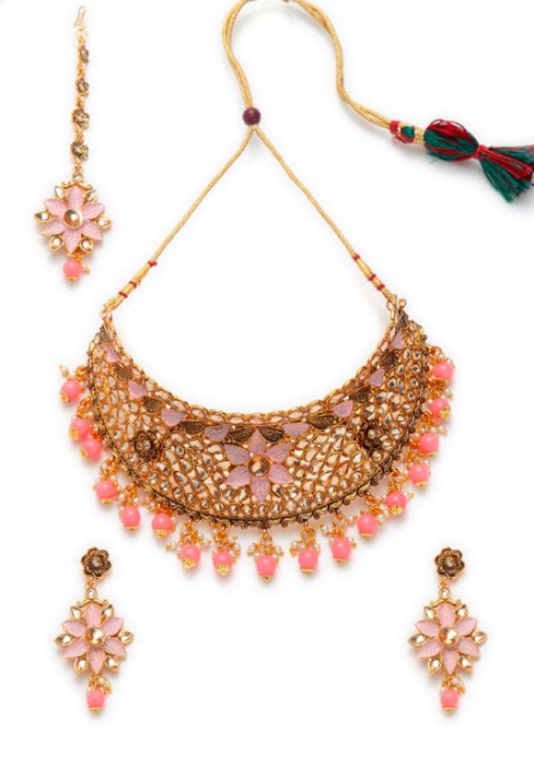 Pink Gold Plated Brass Jewellery Set - Indya