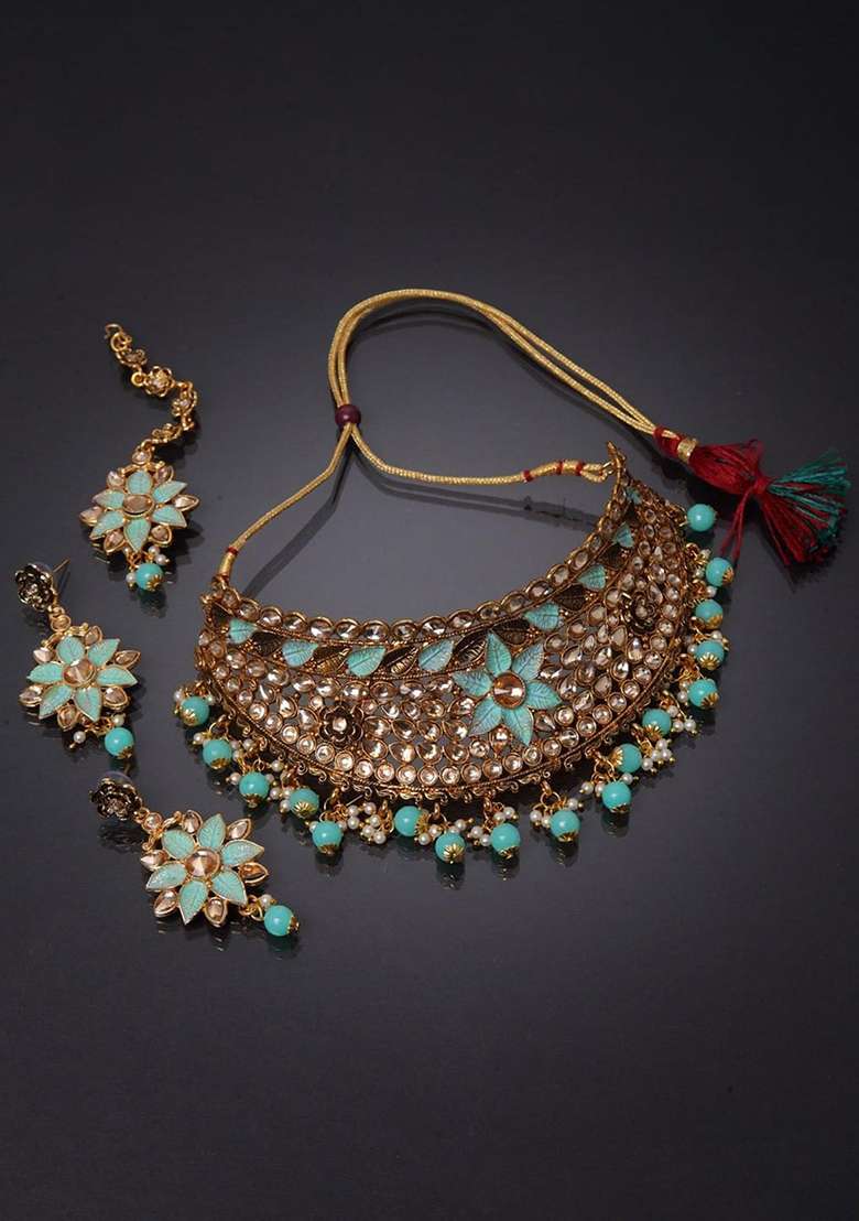 Sea Green Gold Plated Brass Jewellery Set - Indya