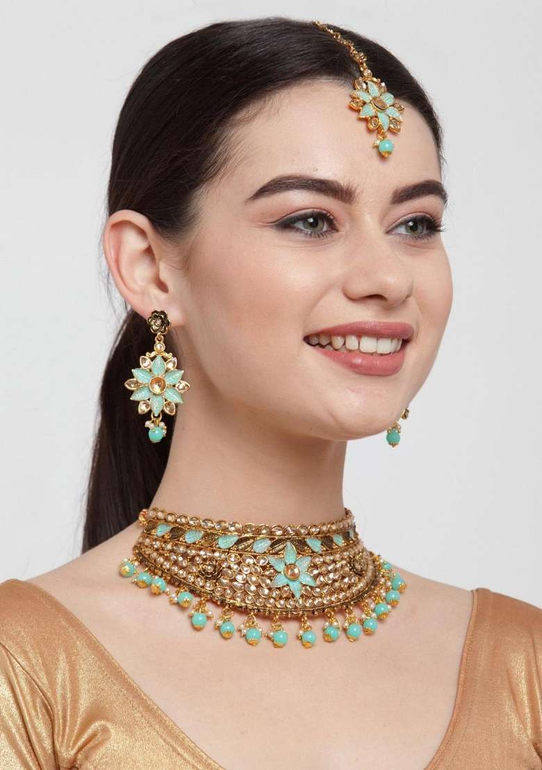 Sea Green Gold Plated Brass Jewellery Set - Indya