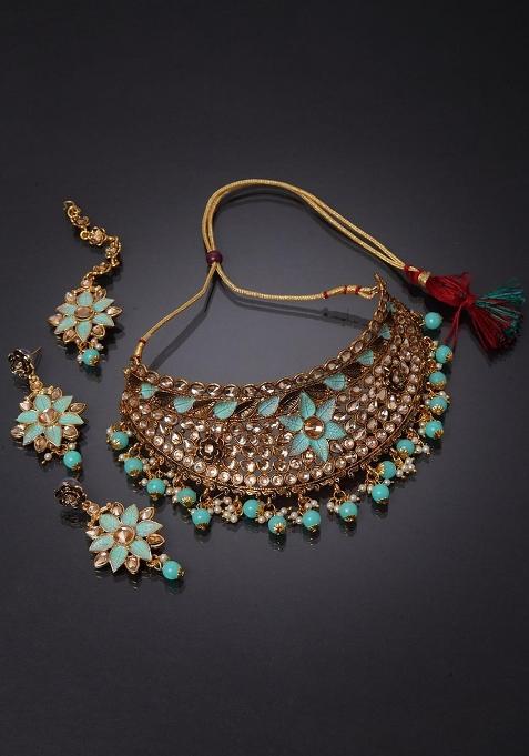 Sea Green Gold Plated Brass Jewellery Set