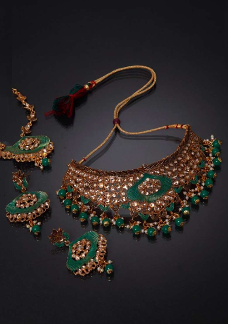 Green Gold Plated Brass Jewellery Set - Indya