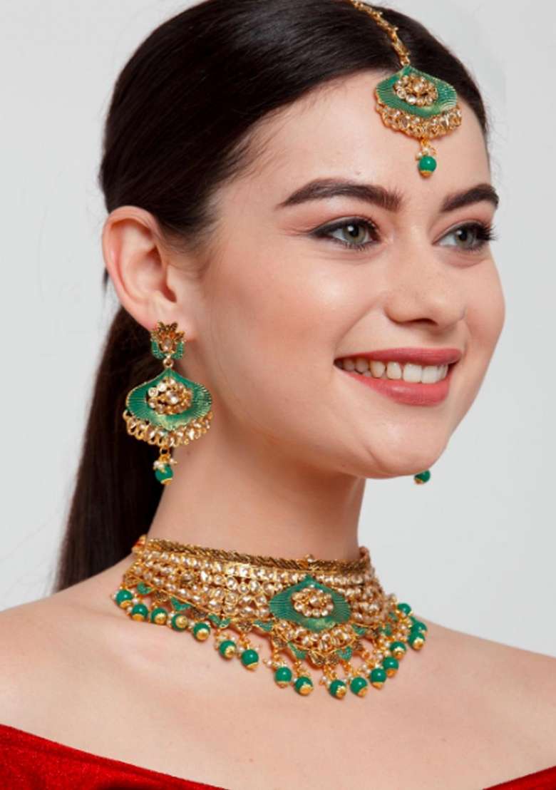Green Gold Plated Brass Jewellery Set - Indya