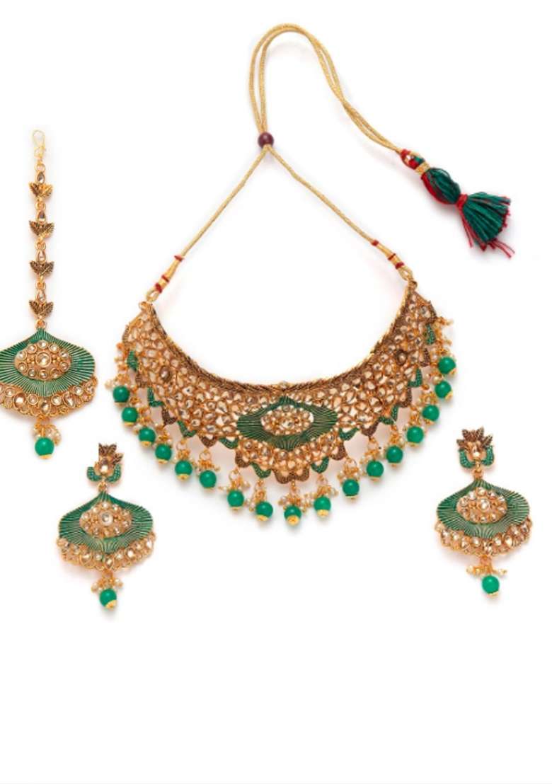 Green Gold Plated Brass Jewellery Set - Indya