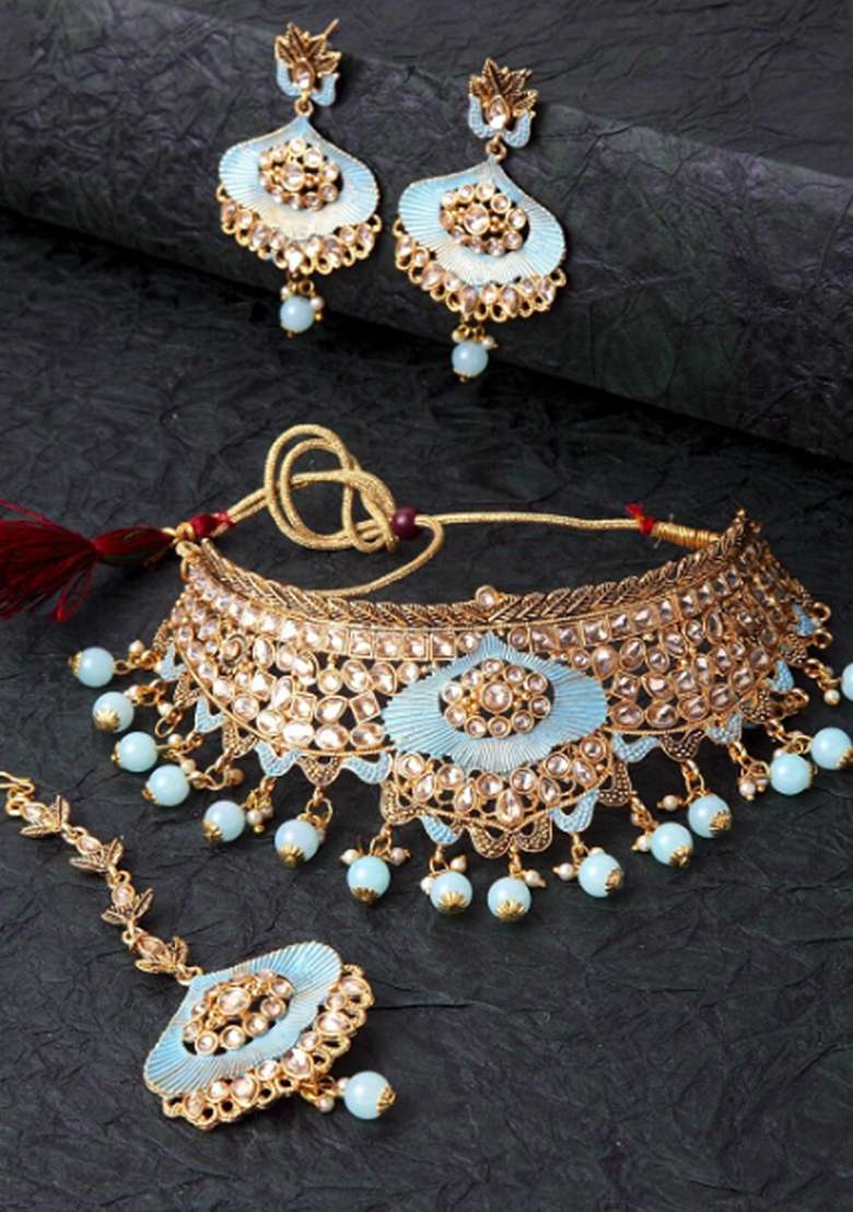 Light Blue Gold Plated Brass Jewellery Set - Indya