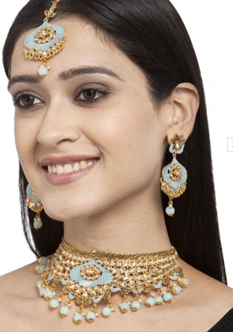 Light Blue Gold Plated Brass Jewellery Set - Indya