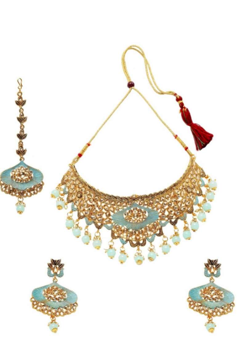 Light Blue Gold Plated Brass Jewellery Set - Indya