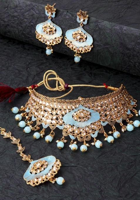 Light Blue Gold Plated Brass Jewellery Set