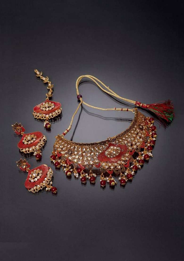Maroon Gold Plated Brass Jewellery Set - Indya