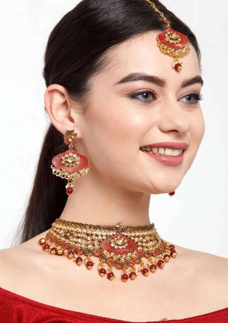 Maroon Gold Plated Brass Jewellery Set - Indya