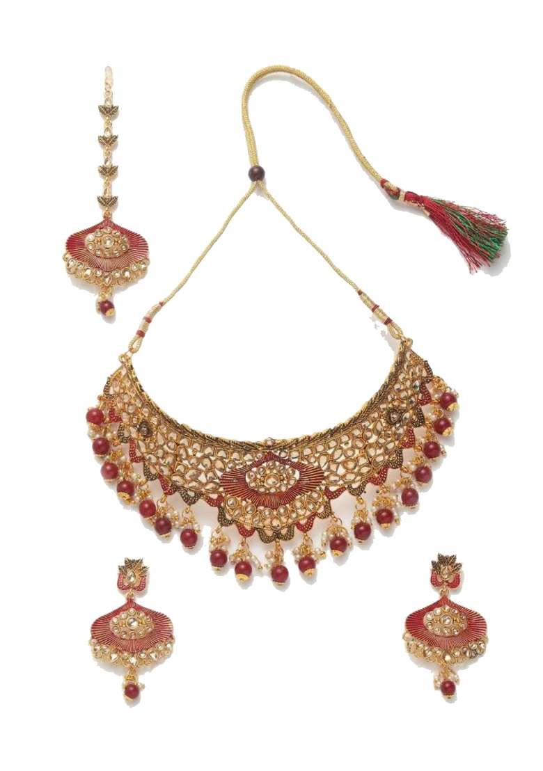 Maroon Gold Plated Brass Jewellery Set - Indya