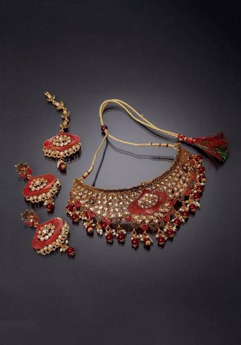 Maroon Gold Plated Brass Jewellery Set