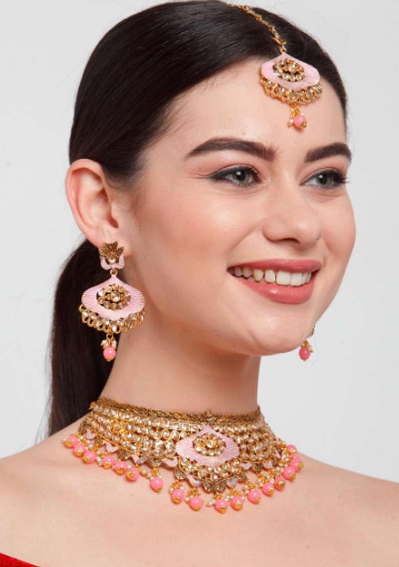 Pink Gold Plated Brass Jewellery Set - Indya