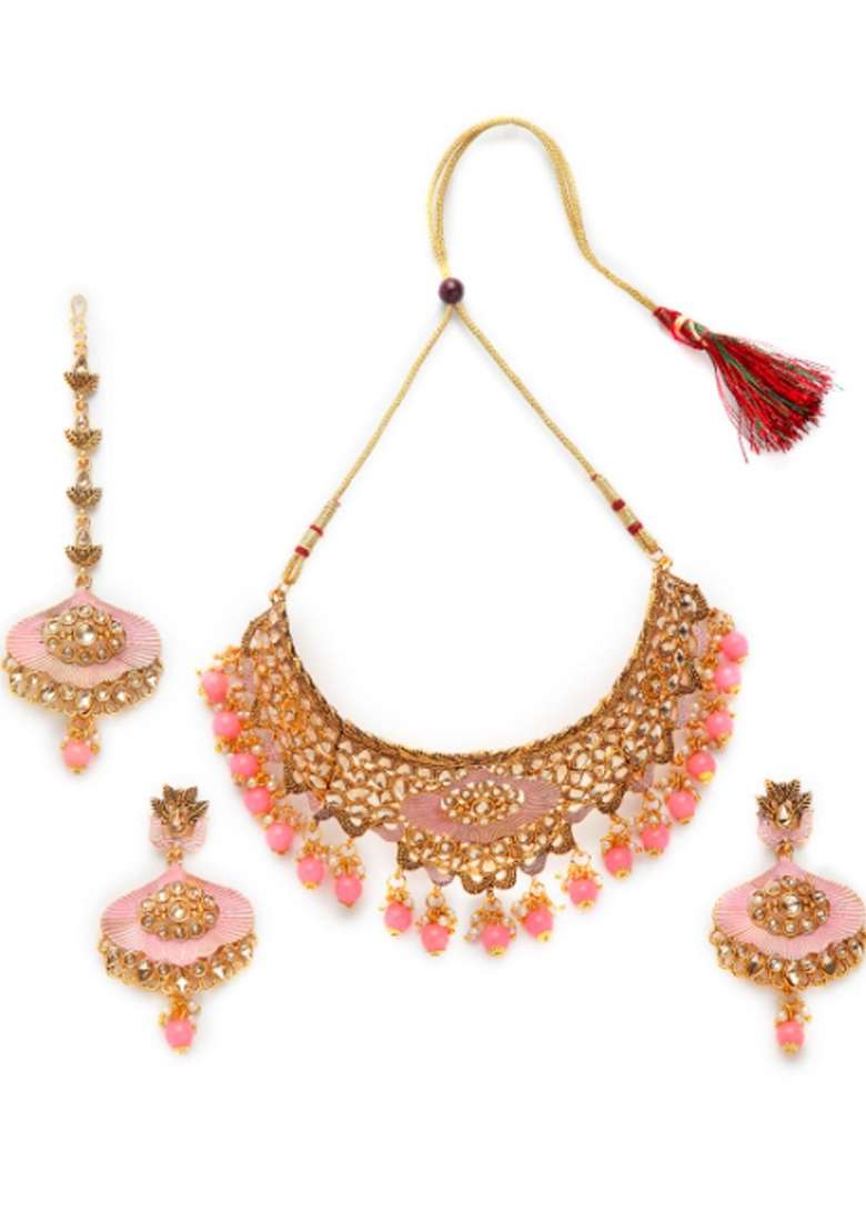 Pink Gold Plated Brass Jewellery Set - Indya