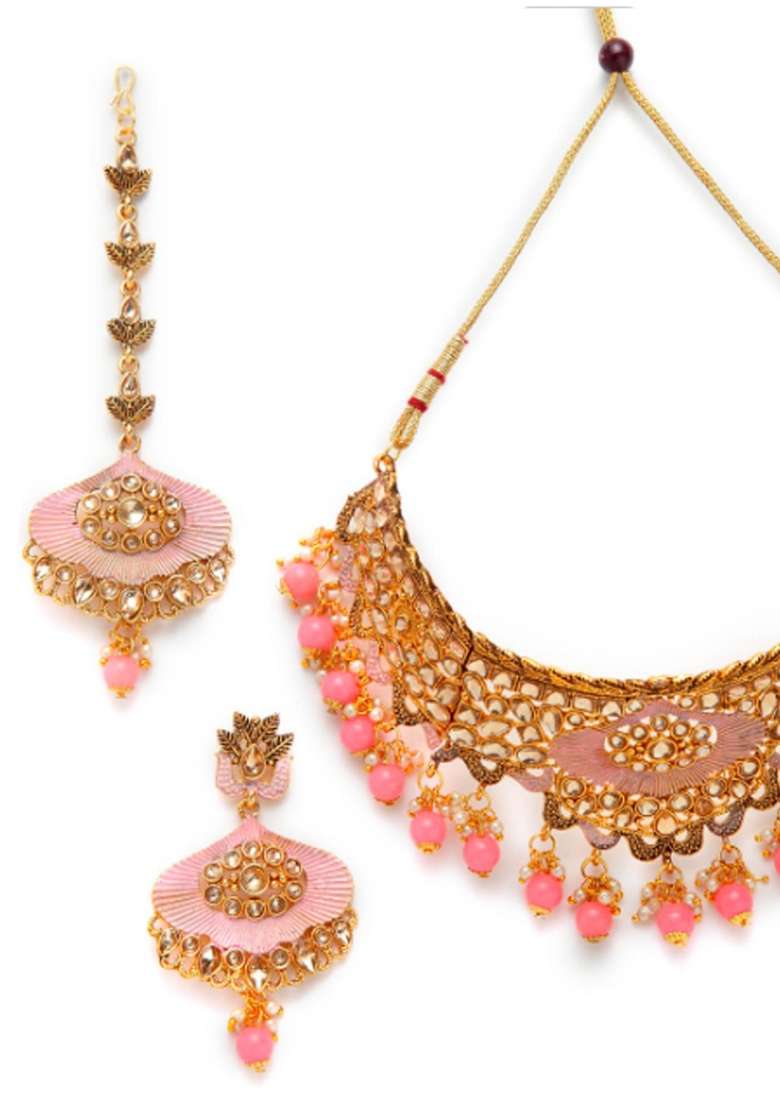 Pink Gold Plated Brass Jewellery Set - Indya