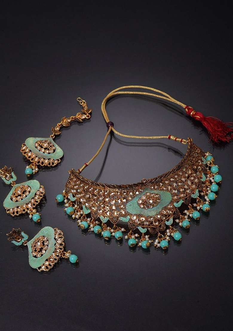Sea Green Gold Plated Brass Jewellery Set - Indya