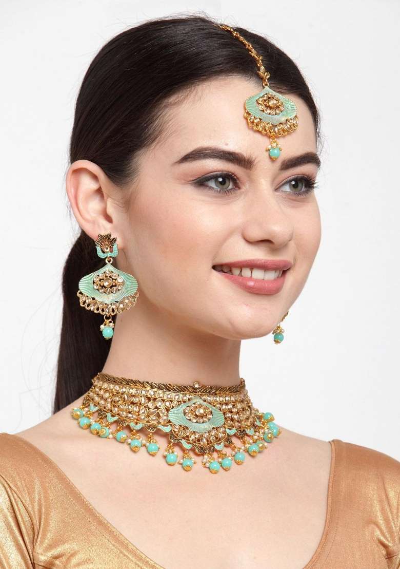 Sea Green Gold Plated Brass Jewellery Set - Indya