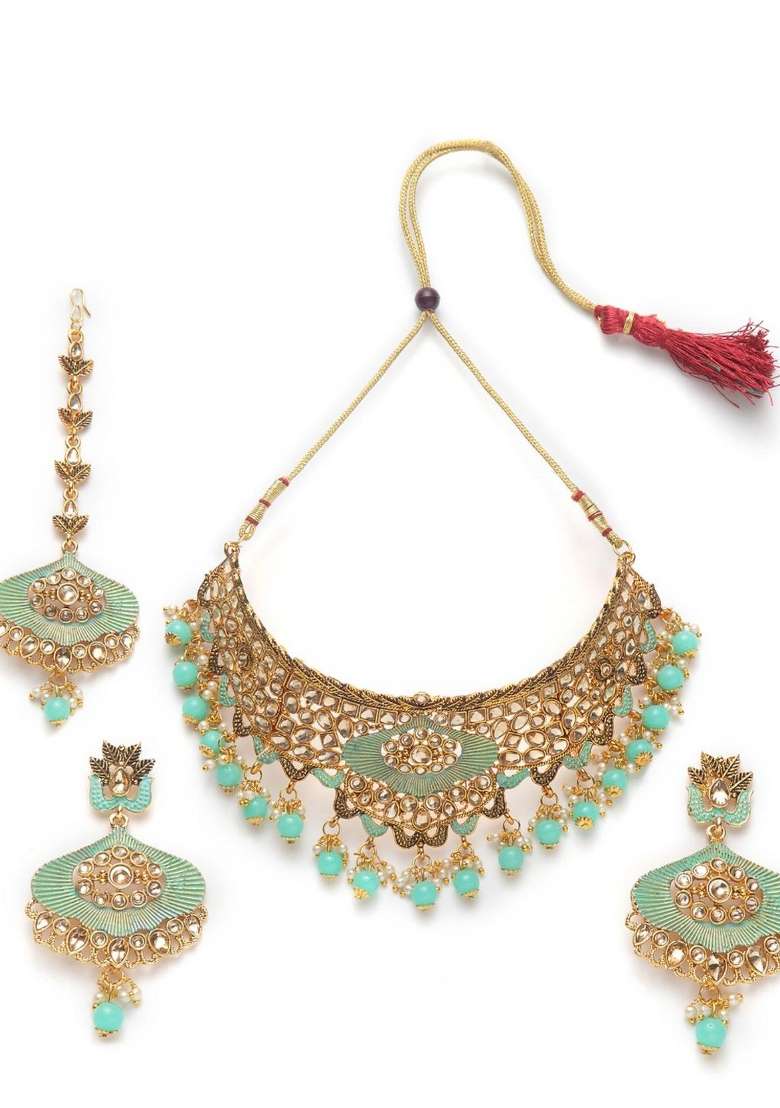 Sea Green Gold Plated Brass Jewellery Set - Indya