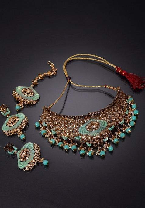 Sea Green Gold Plated Brass Jewellery Set