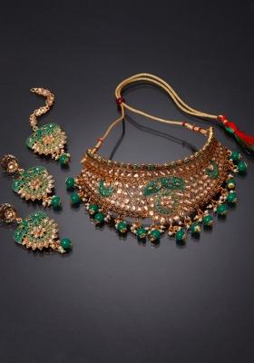 Green Gold Plated Brass Jewellery Set - Indya