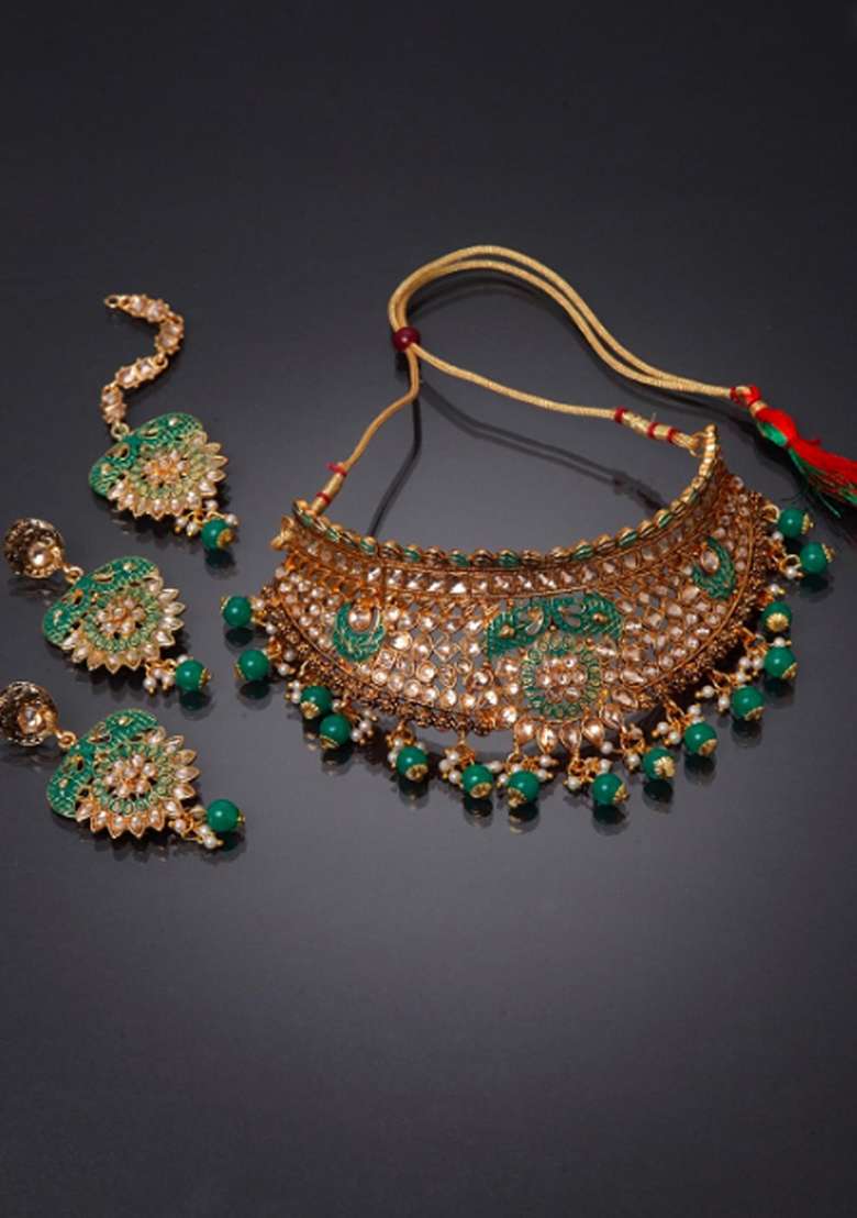 Green Gold Plated Brass Jewellery Set - Indya