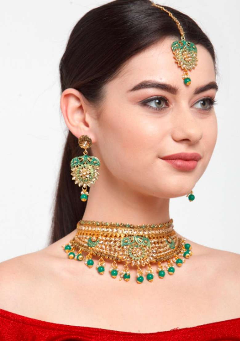 Green Gold Plated Brass Jewellery Set - Indya