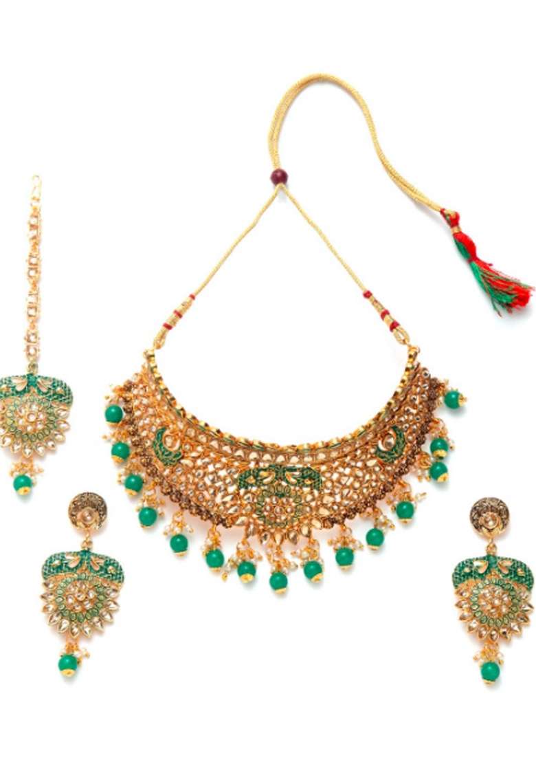 Green Gold Plated Brass Jewellery Set - Indya