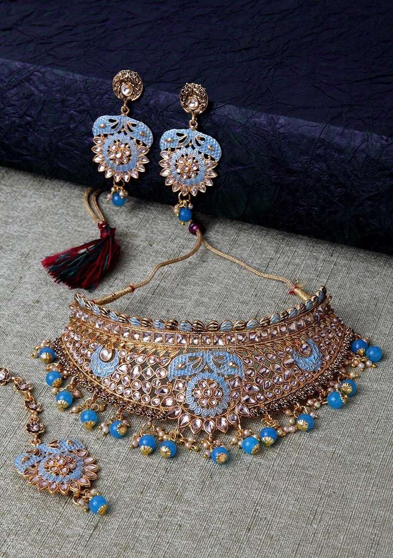 Light Blue Gold Plated Brass Jewellery Set - Indya