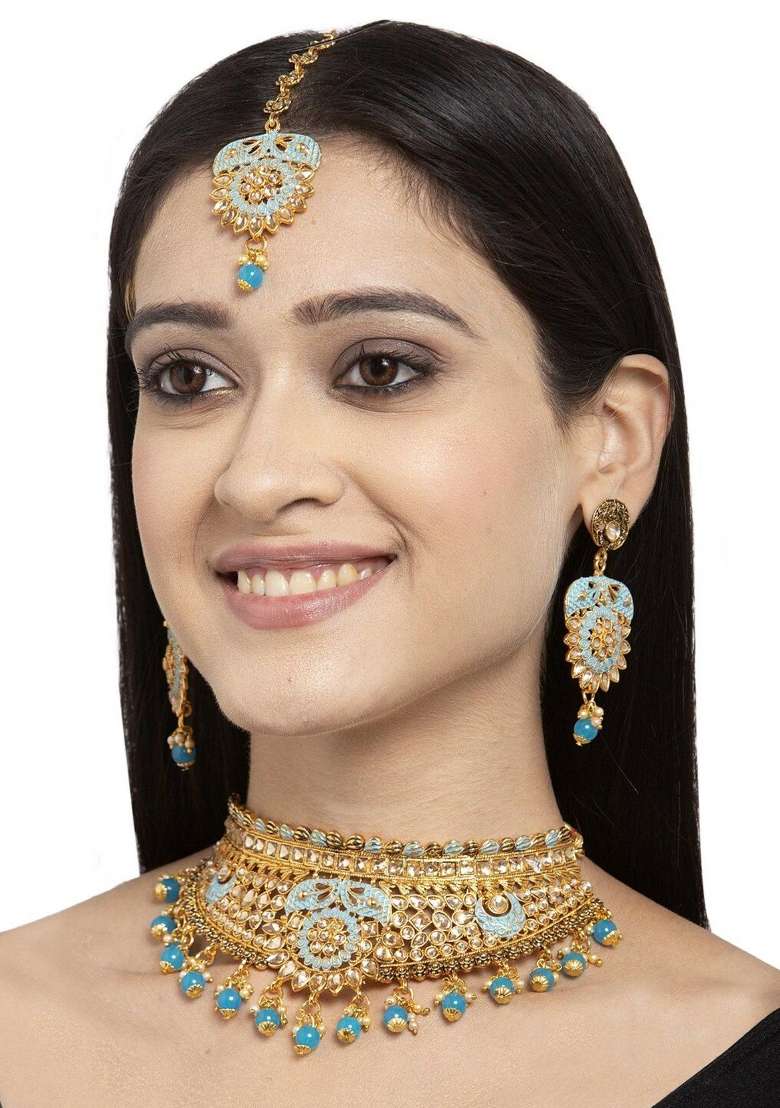 Light Blue Gold Plated Brass Jewellery Set - Indya