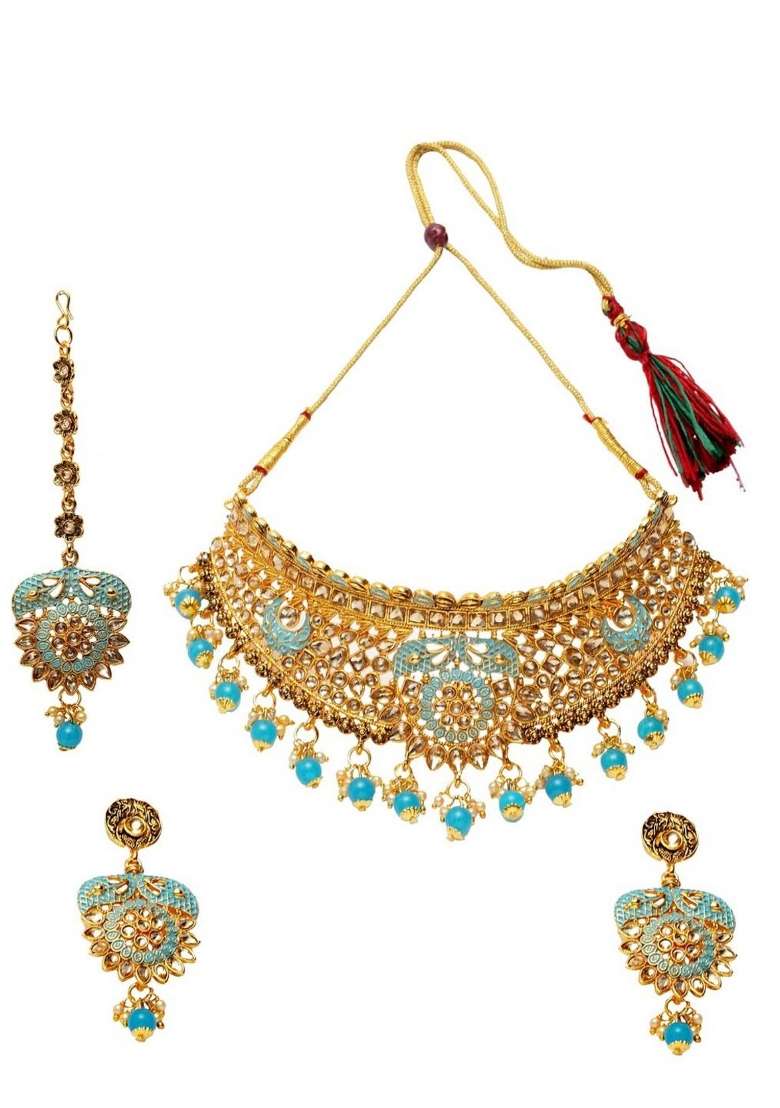 Light Blue Gold Plated Brass Jewellery Set - Indya
