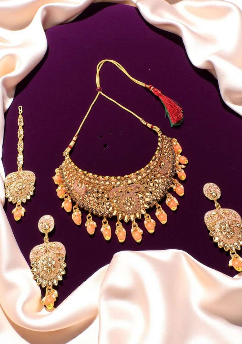 Orange Gold Plated Brass Jewellery Set - Indya