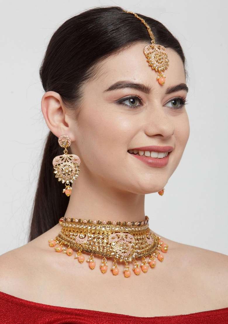 Orange Gold Plated Brass Jewellery Set - Indya