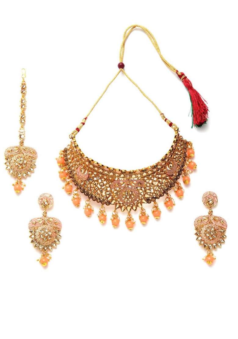 Orange Gold Plated Brass Jewellery Set - Indya
