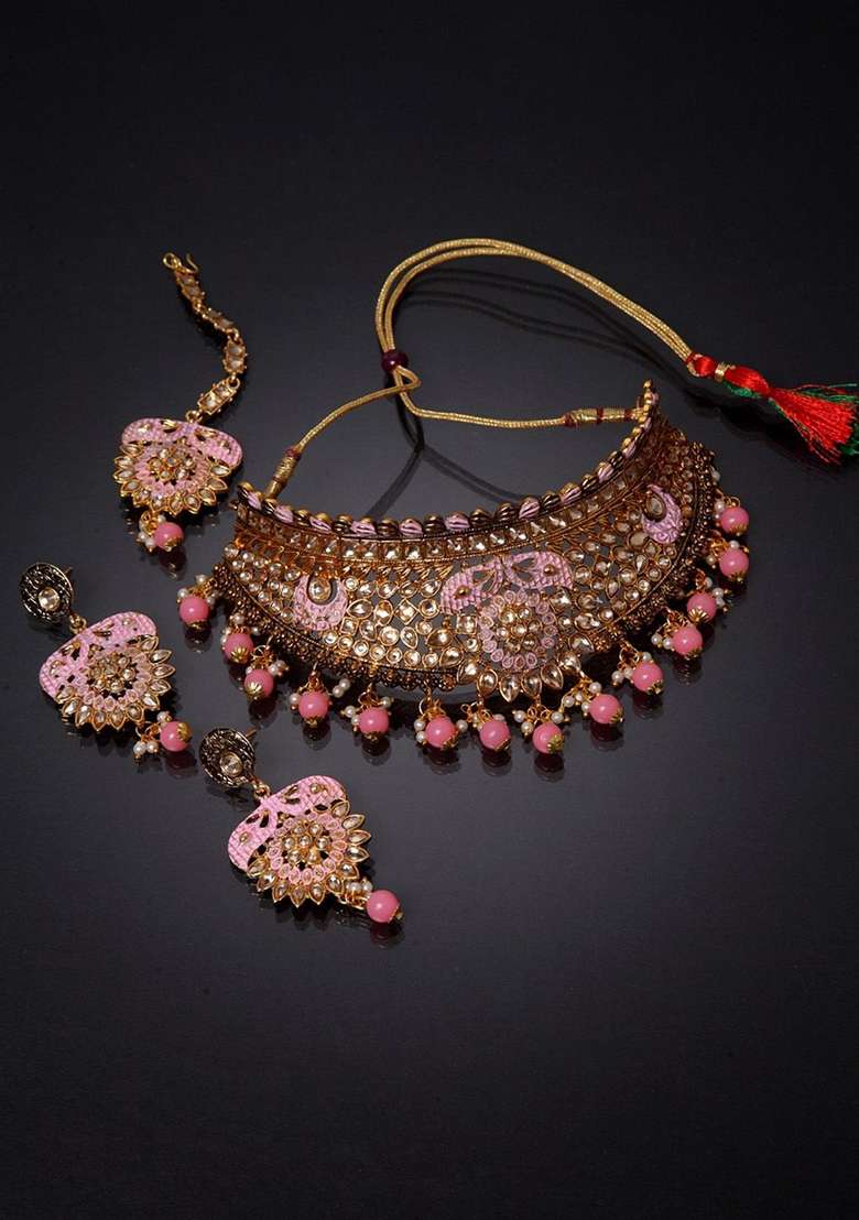 Pink Gold Plated Brass Jewellery Set - Indya